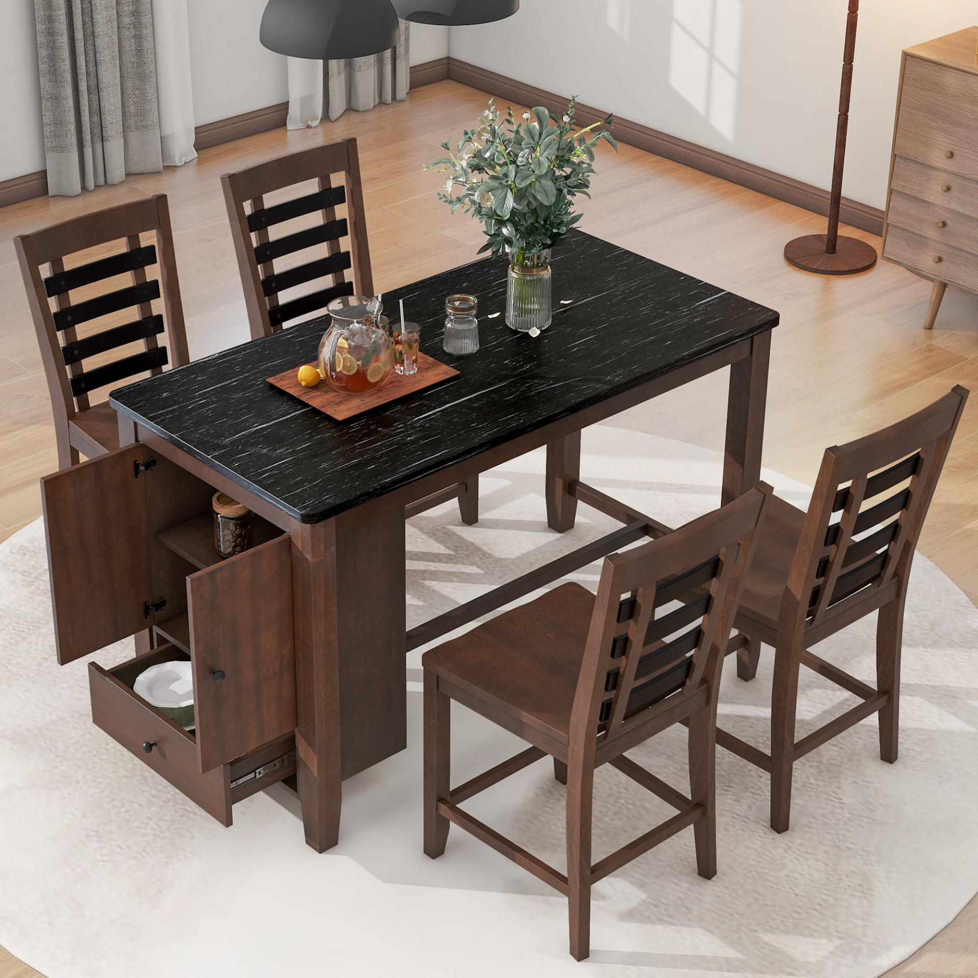 Dining Table | Counter Height 5-piece Dining Table Set with Faux Marble Tabletop, Solid Wood Table Set with Storage Cabinet and Drawer, Dark walnut | casafoyer.myshopify.com