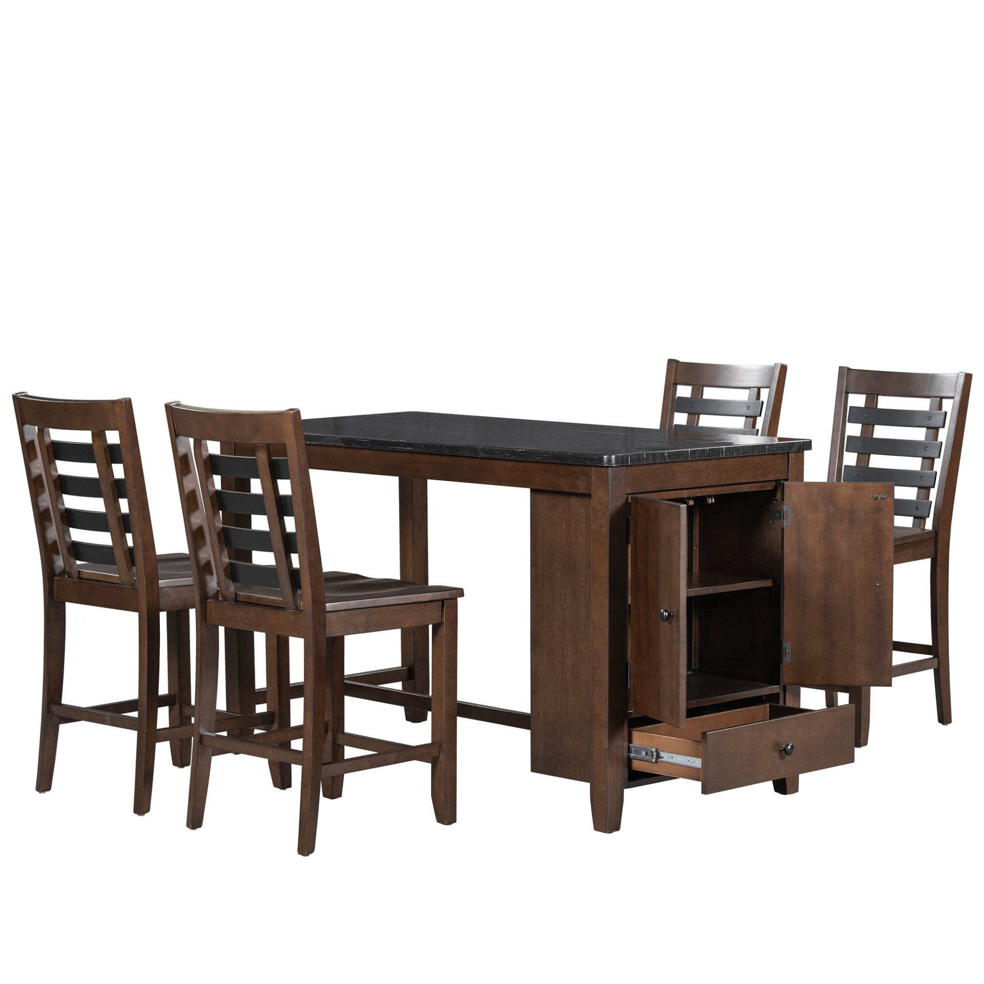 Dining Table | Counter Height 5-piece Dining Table Set with Faux Marble Tabletop, Solid Wood Table Set with Storage Cabinet and Drawer, Dark walnut | casafoyer.myshopify.com