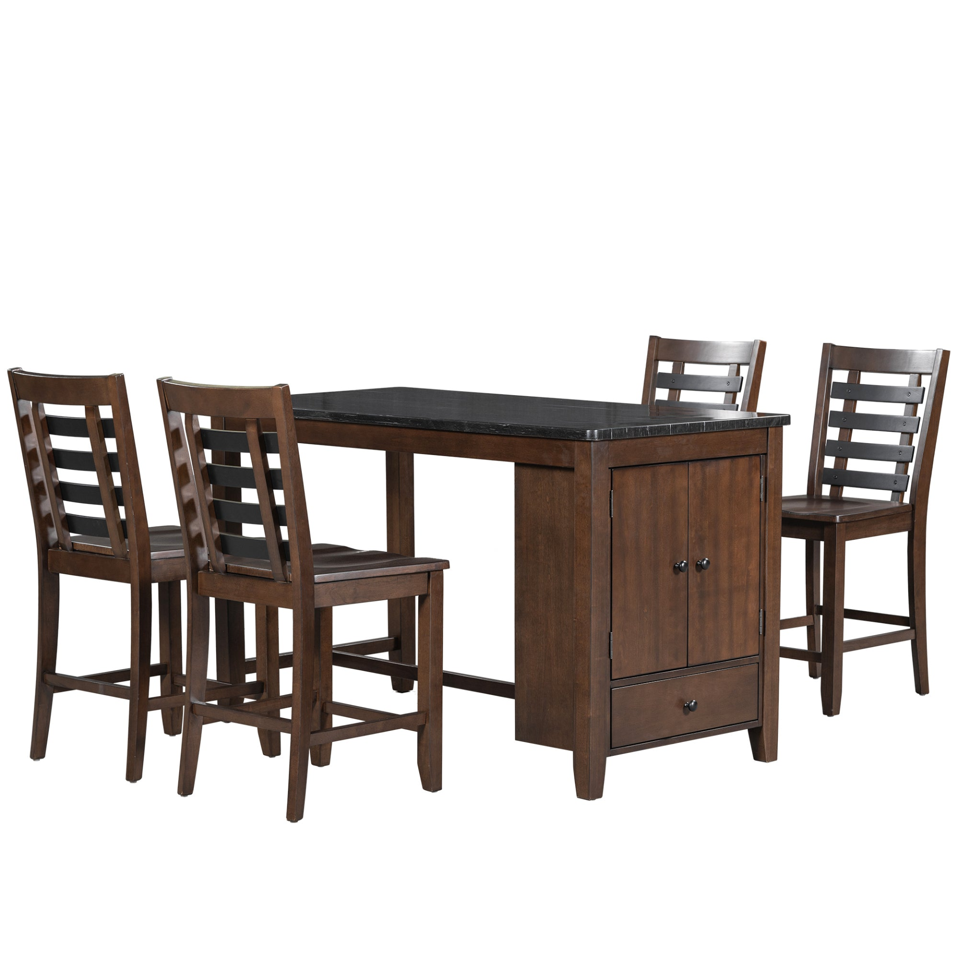 Dining Table | Counter Height 5-piece Dining Table Set with Faux Marble Tabletop, Solid Wood Table Set with Storage Cabinet and Drawer, Dark walnut | casafoyer.myshopify.com