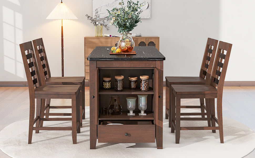 Dining Table | Counter Height 5-piece Dining Table Set with Faux Marble Tabletop, Solid Wood Table Set with Storage Cabinet and Drawer, Dark walnut | casafoyer.myshopify.com