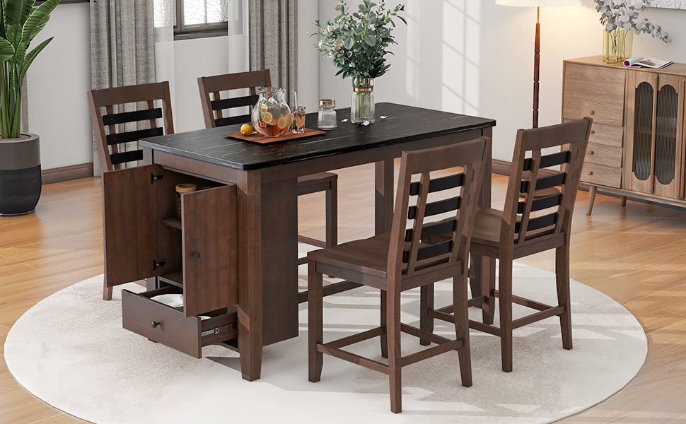 Dining Table | Counter Height 5-piece Dining Table Set with Faux Marble Tabletop, Solid Wood Table Set with Storage Cabinet and Drawer, Dark walnut | casafoyer.myshopify.com