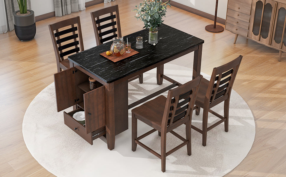 Dining Table | Counter Height 5-piece Dining Table Set with Faux Marble Tabletop, Solid Wood Table Set with Storage Cabinet and Drawer, Dark walnut | casafoyer.myshopify.com