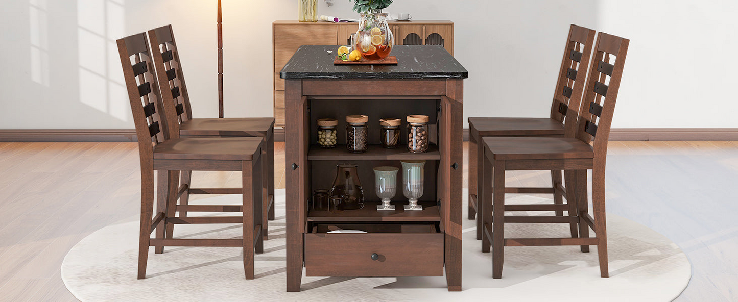 Dining Table | Counter Height 5-piece Dining Table Set with Faux Marble Tabletop, Solid Wood Table Set with Storage Cabinet and Drawer, Dark walnut | casafoyer.myshopify.com