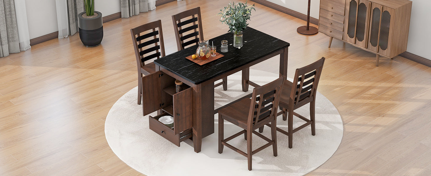 Dining Table | Counter Height 5-piece Dining Table Set with Faux Marble Tabletop, Solid Wood Table Set with Storage Cabinet and Drawer, Dark walnut | casafoyer.myshopify.com