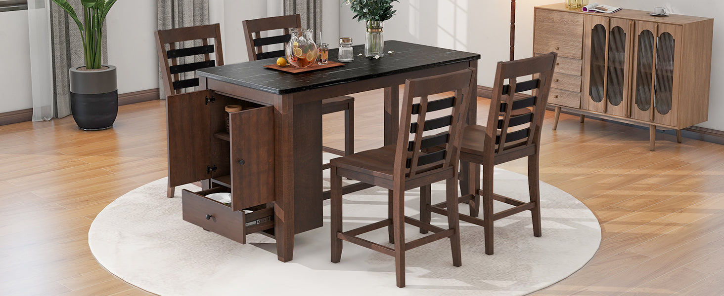 Dining Table | Counter Height 5-piece Dining Table Set with Faux Marble Tabletop, Solid Wood Table Set with Storage Cabinet and Drawer, Dark walnut | casafoyer.myshopify.com