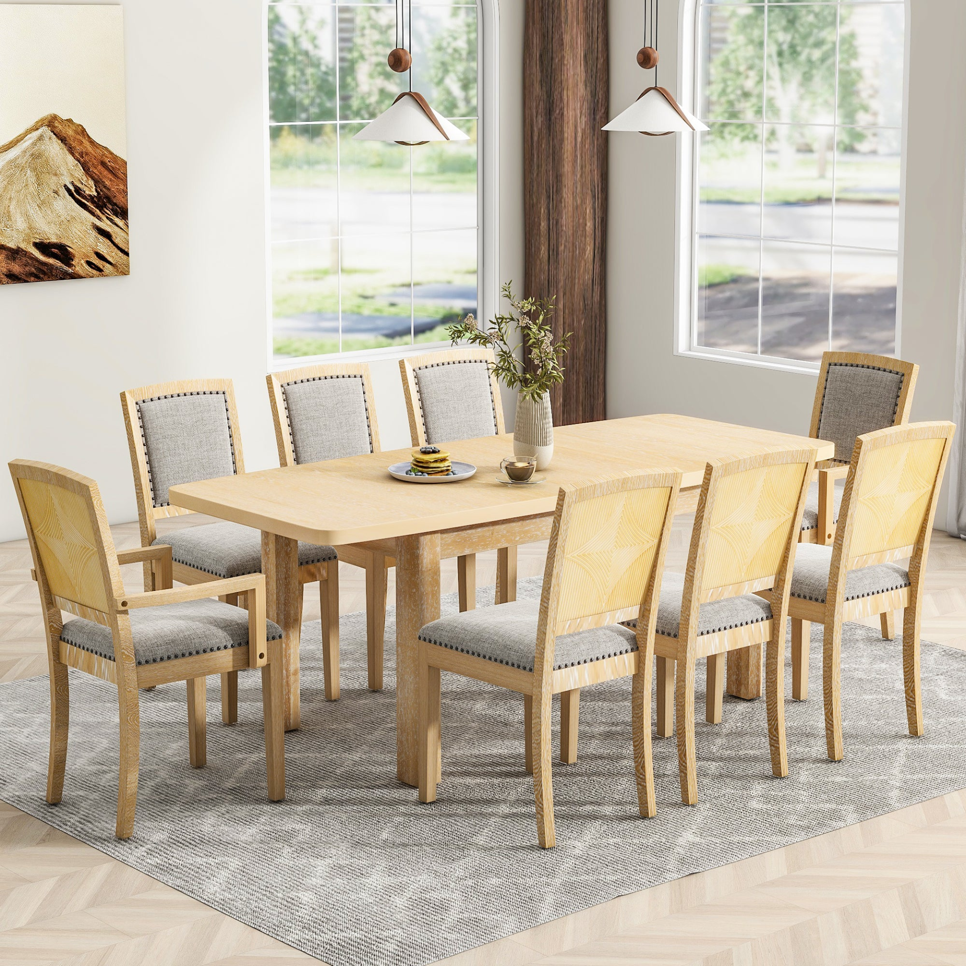 Dining Table | Rustic Extendable 84inch Dining Table Set with 24inch Removable Leaf , 6 Upholstered Armless Dining Chairs and 2 Padded Arm Chairs, 9 Pieces, Natural | casafoyer.myshopify.com