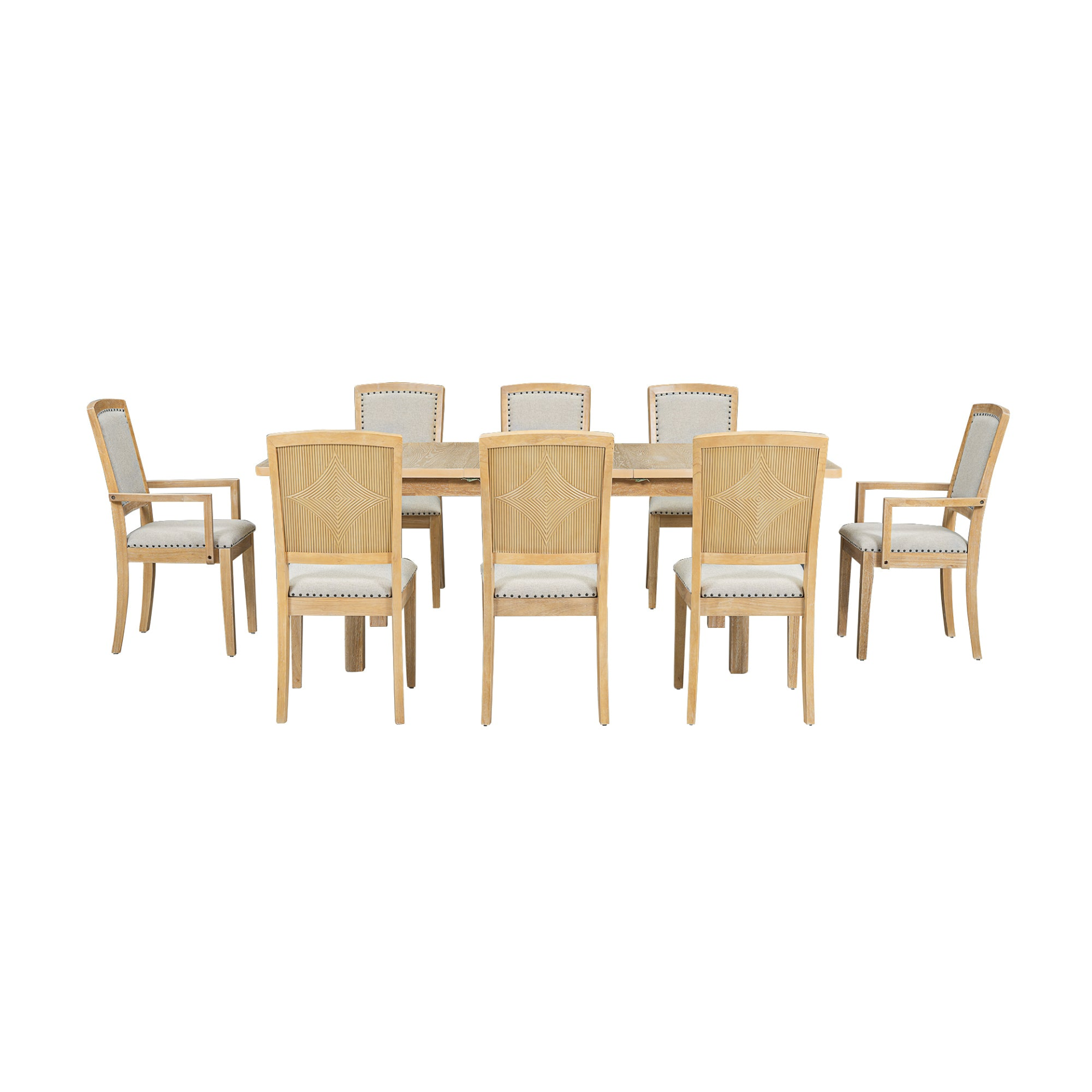 Dining Table | Rustic Extendable 84inch Dining Table Set with 24inch Removable Leaf , 6 Upholstered Armless Dining Chairs and 2 Padded Arm Chairs, 9 Pieces, Natural | casafoyer.myshopify.com