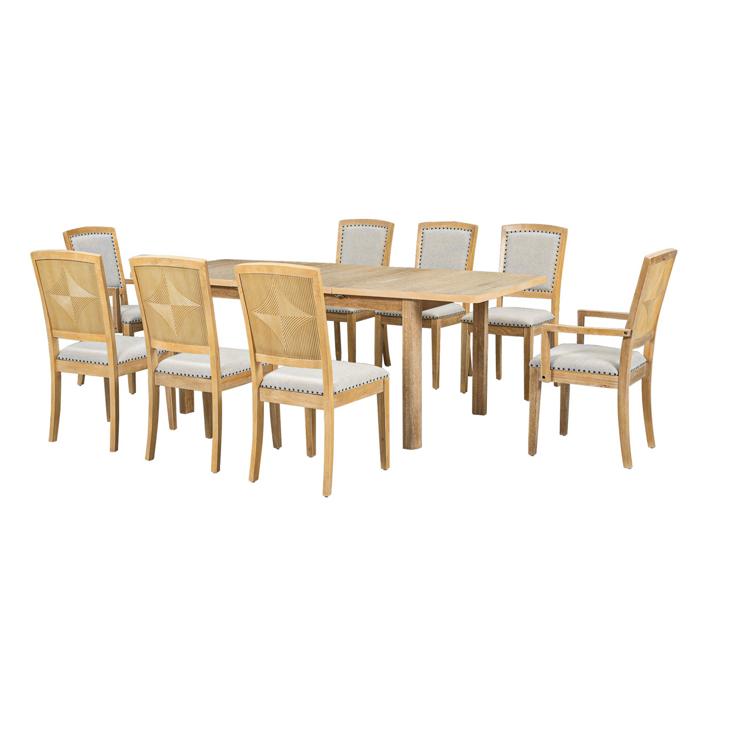 Dining Table | Rustic Extendable 84inch Dining Table Set with 24inch Removable Leaf , 6 Upholstered Armless Dining Chairs and 2 Padded Arm Chairs, 9 Pieces, Natural | casafoyer.myshopify.com