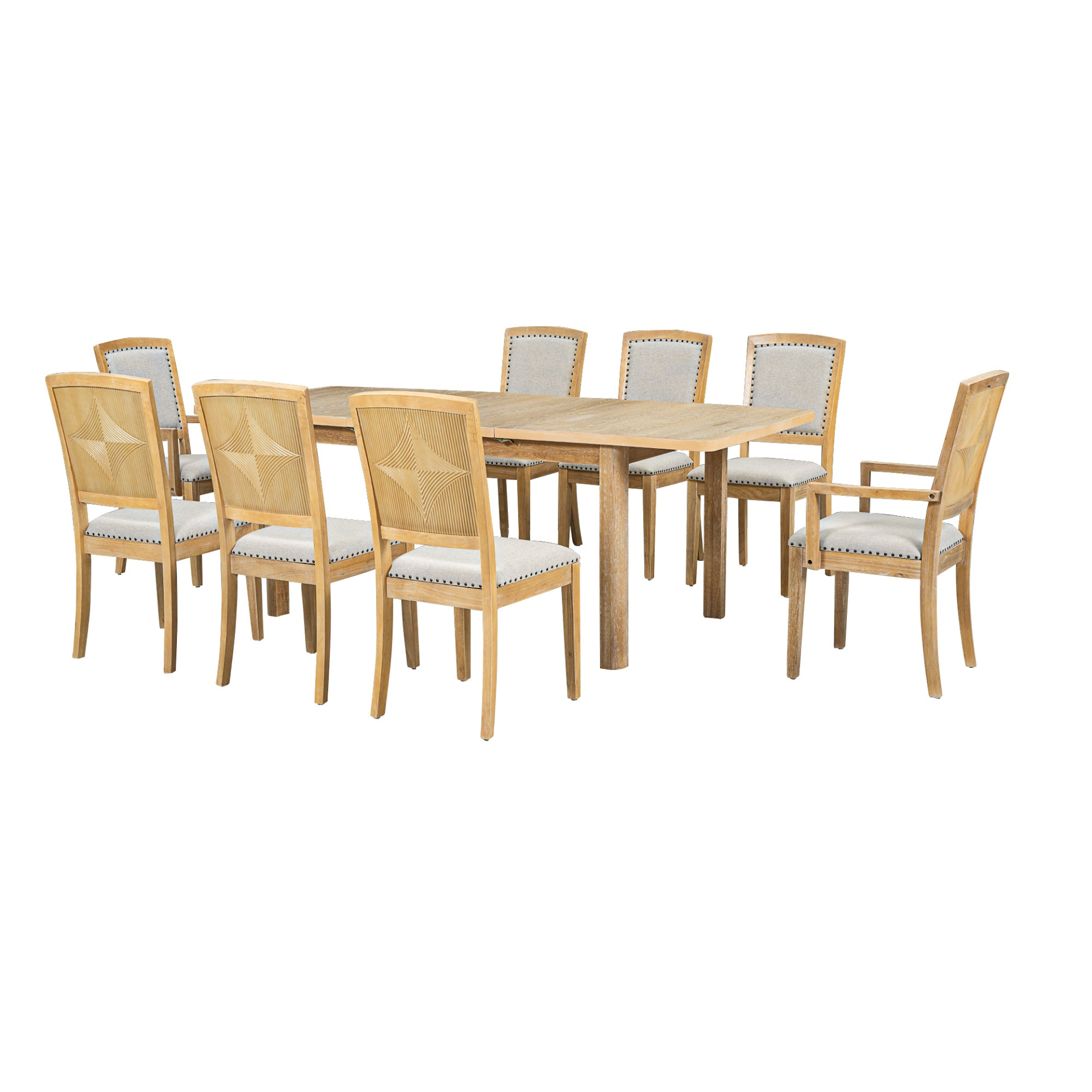 Dining Table | Rustic Extendable 84inch Dining Table Set with 24inch Removable Leaf , 6 Upholstered Armless Dining Chairs and 2 Padded Arm Chairs, 9 Pieces, Natural | casafoyer.myshopify.com