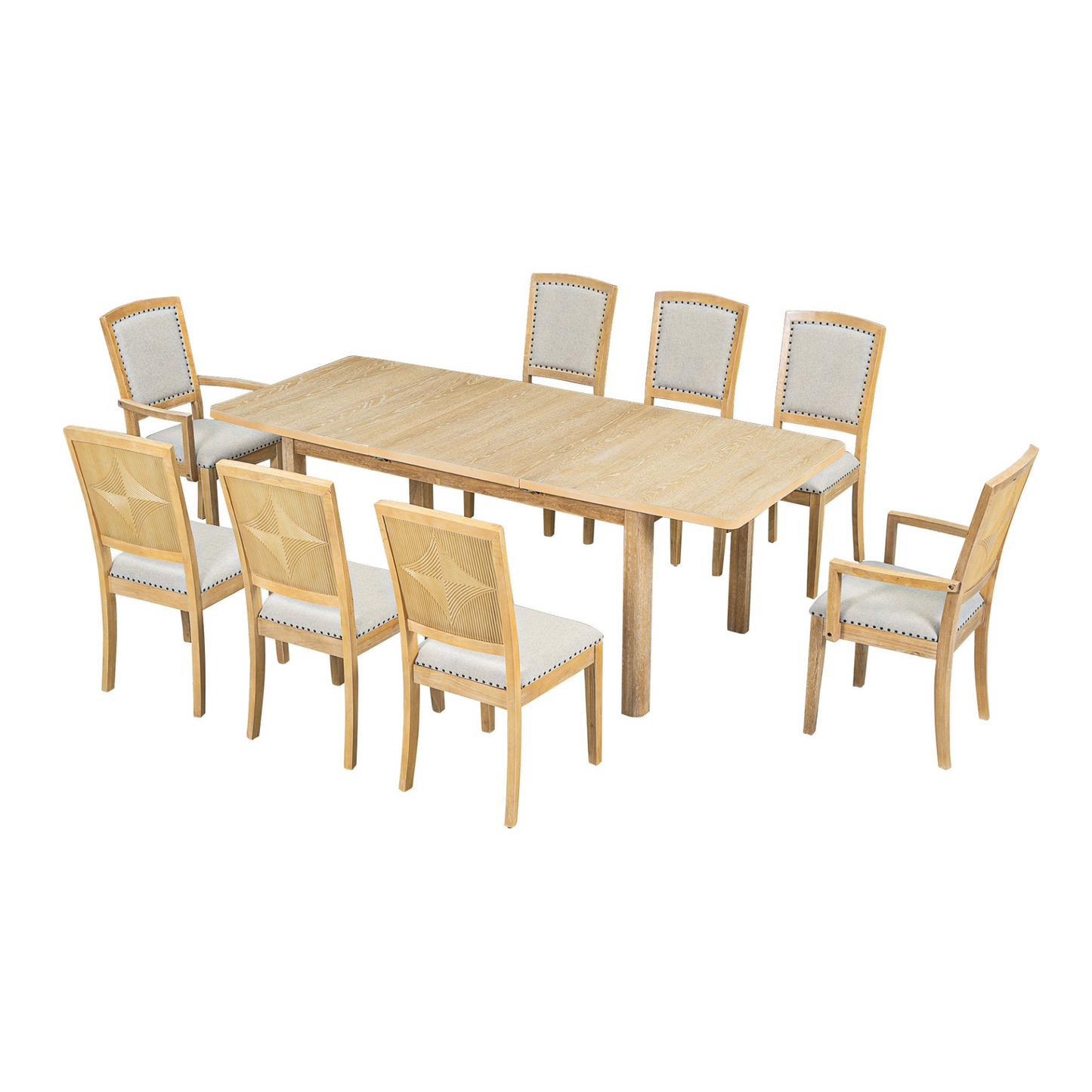 Dining Table | Rustic Extendable 84inch Dining Table Set with 24inch Removable Leaf , 6 Upholstered Armless Dining Chairs and 2 Padded Arm Chairs, 9 Pieces, Natural | casafoyer.myshopify.com