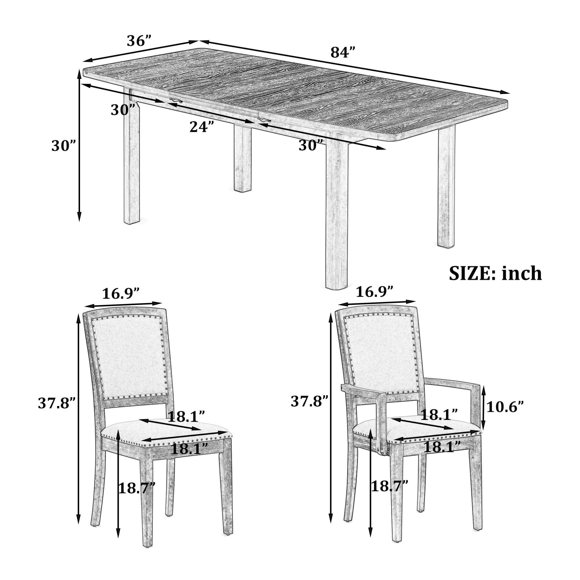 Dining Table | Rustic Extendable 84inch Dining Table Set with 24inch Removable Leaf , 6 Upholstered Armless Dining Chairs and 2 Padded Arm Chairs, 9 Pieces, Natural | casafoyer.myshopify.com