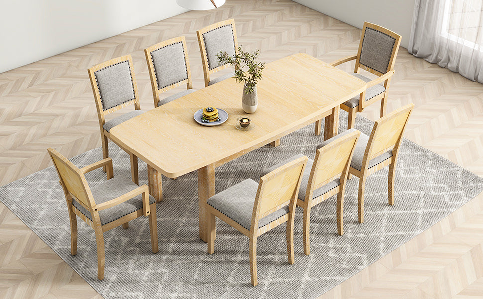 Dining Table | Rustic Extendable 84inch Dining Table Set with 24inch Removable Leaf , 6 Upholstered Armless Dining Chairs and 2 Padded Arm Chairs, 9 Pieces, Natural | casafoyer.myshopify.com