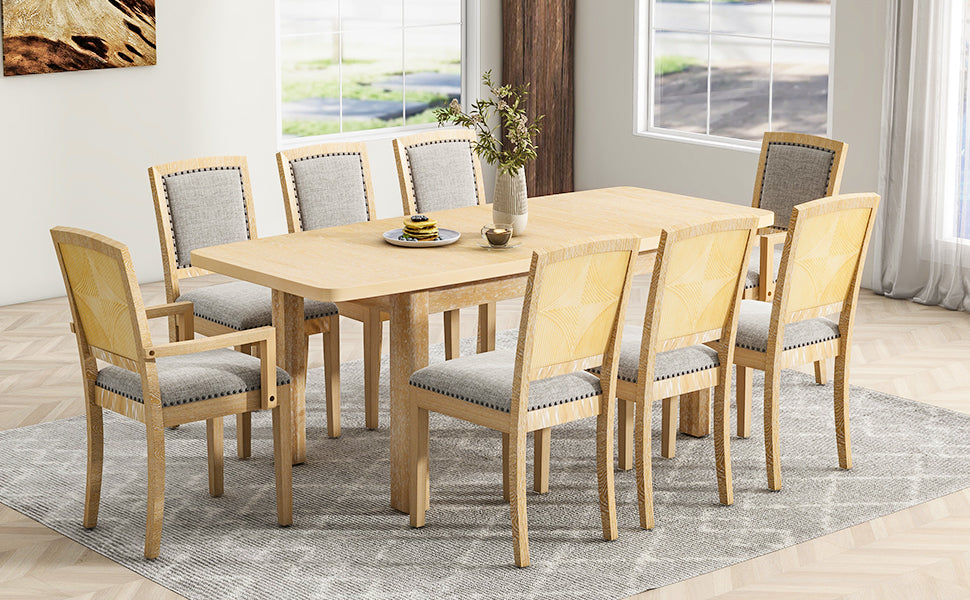 Dining Table | Rustic Extendable 84inch Dining Table Set with 24inch Removable Leaf , 6 Upholstered Armless Dining Chairs and 2 Padded Arm Chairs, 9 Pieces, Natural | casafoyer.myshopify.com