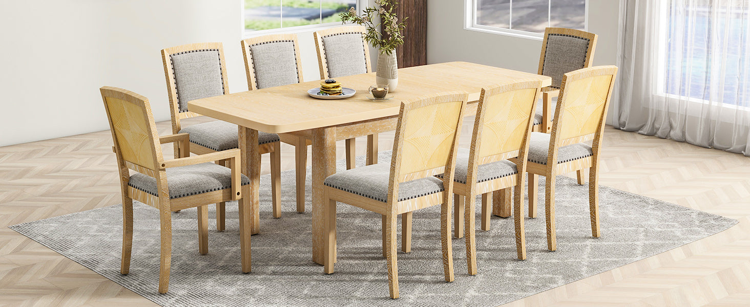 Dining Table | Rustic Extendable 84inch Dining Table Set with 24inch Removable Leaf , 6 Upholstered Armless Dining Chairs and 2 Padded Arm Chairs, 9 Pieces, Natural | casafoyer.myshopify.com