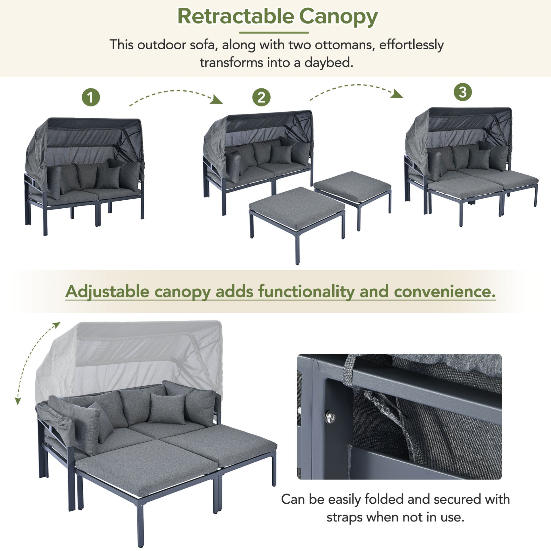 Patio Furntiure Sets | 3-Piece Patio Daybed with Retractable Canopy Outdoor Metal Sectional Sofa Set Sun Lounger with Cushions, Grey | casafoyer.myshopify.com