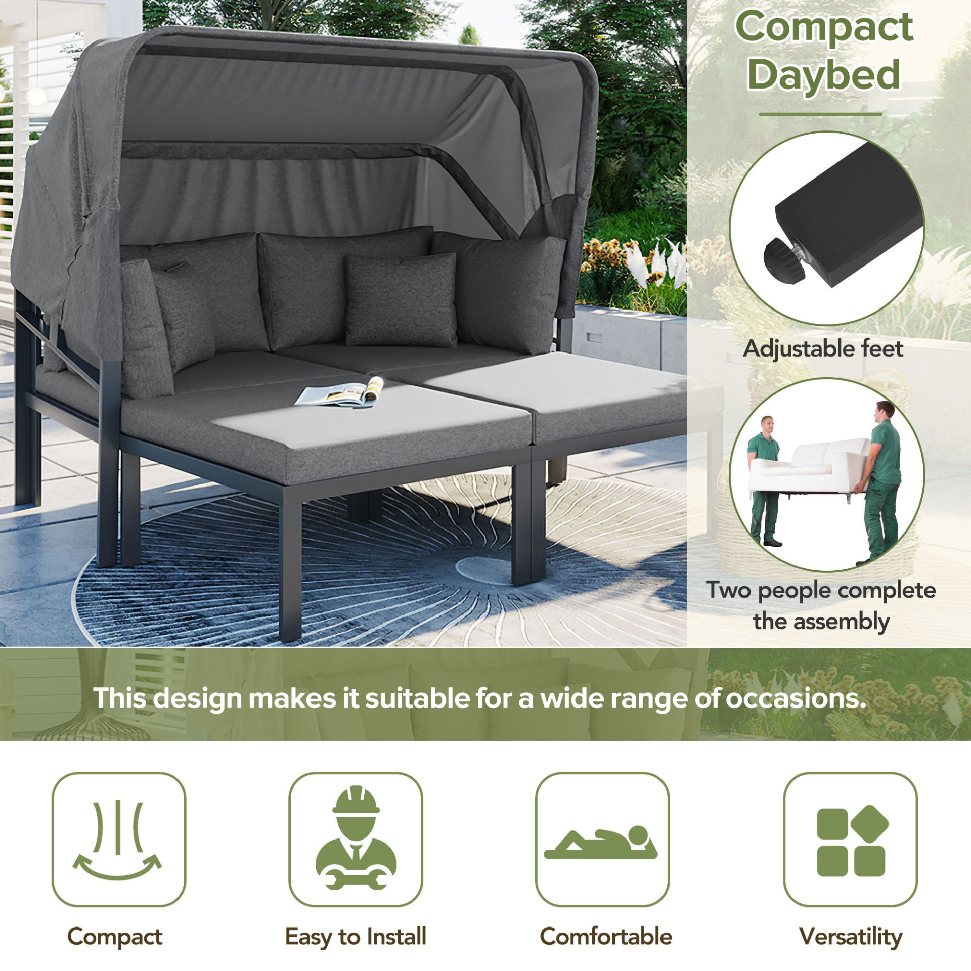 Patio Furntiure Sets | 3-Piece Patio Daybed with Retractable Canopy Outdoor Metal Sectional Sofa Set Sun Lounger with Cushions, Grey | casafoyer.myshopify.com