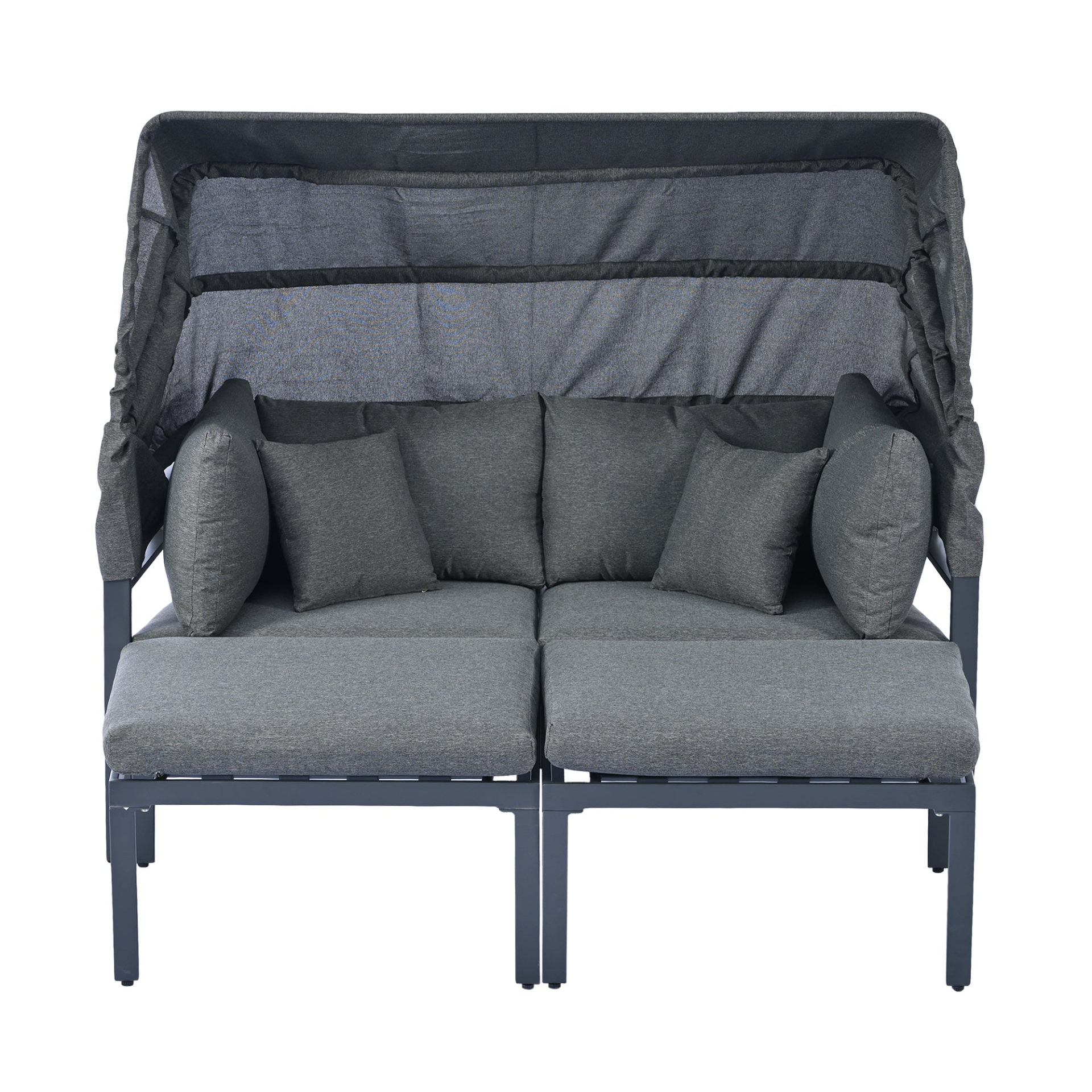 Patio Furntiure Sets | 3-Piece Patio Daybed with Retractable Canopy Outdoor Metal Sectional Sofa Set Sun Lounger with Cushions, Grey | casafoyer.myshopify.com