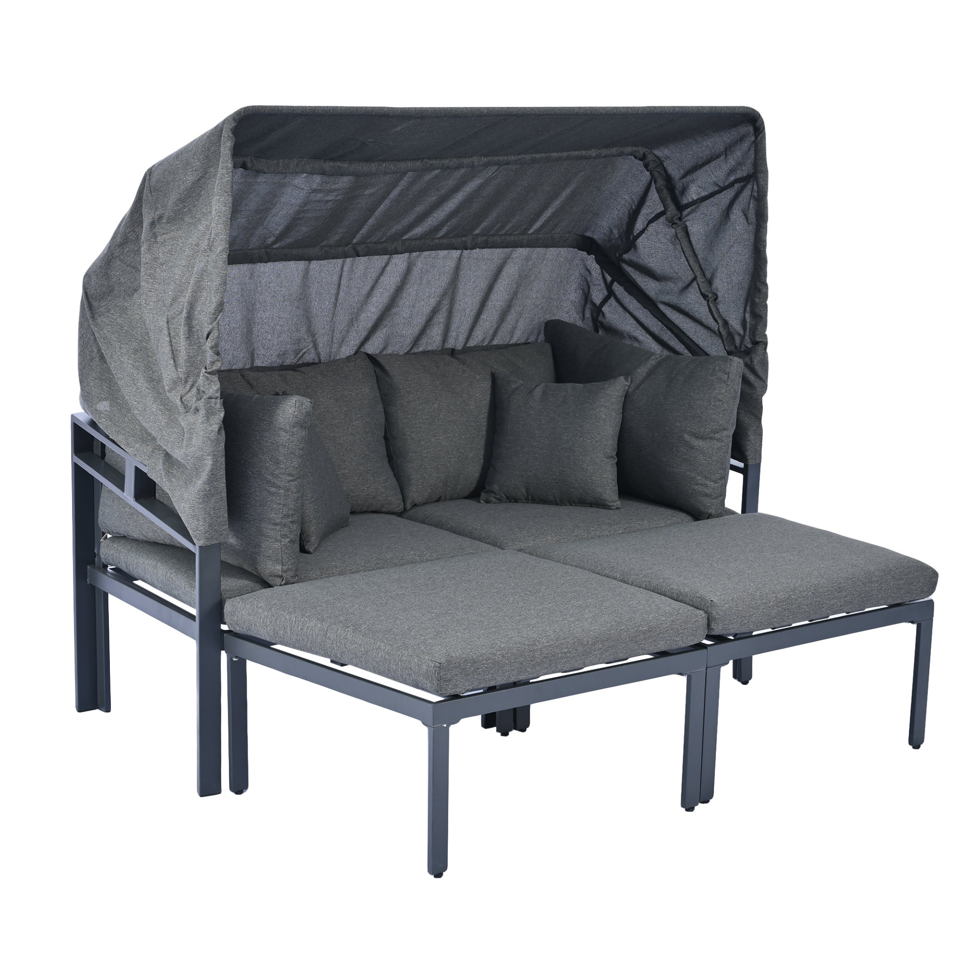 Patio Furntiure Sets | 3-Piece Patio Daybed with Retractable Canopy Outdoor Metal Sectional Sofa Set Sun Lounger with Cushions, Grey | casafoyer.myshopify.com