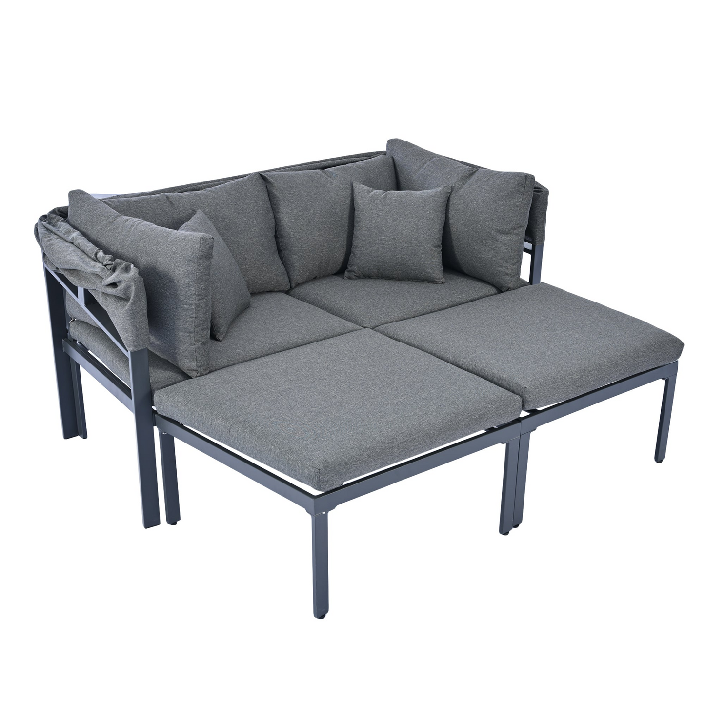 Patio Furntiure Sets | 3-Piece Patio Daybed with Retractable Canopy Outdoor Metal Sectional Sofa Set Sun Lounger with Cushions, Grey | casafoyer.myshopify.com