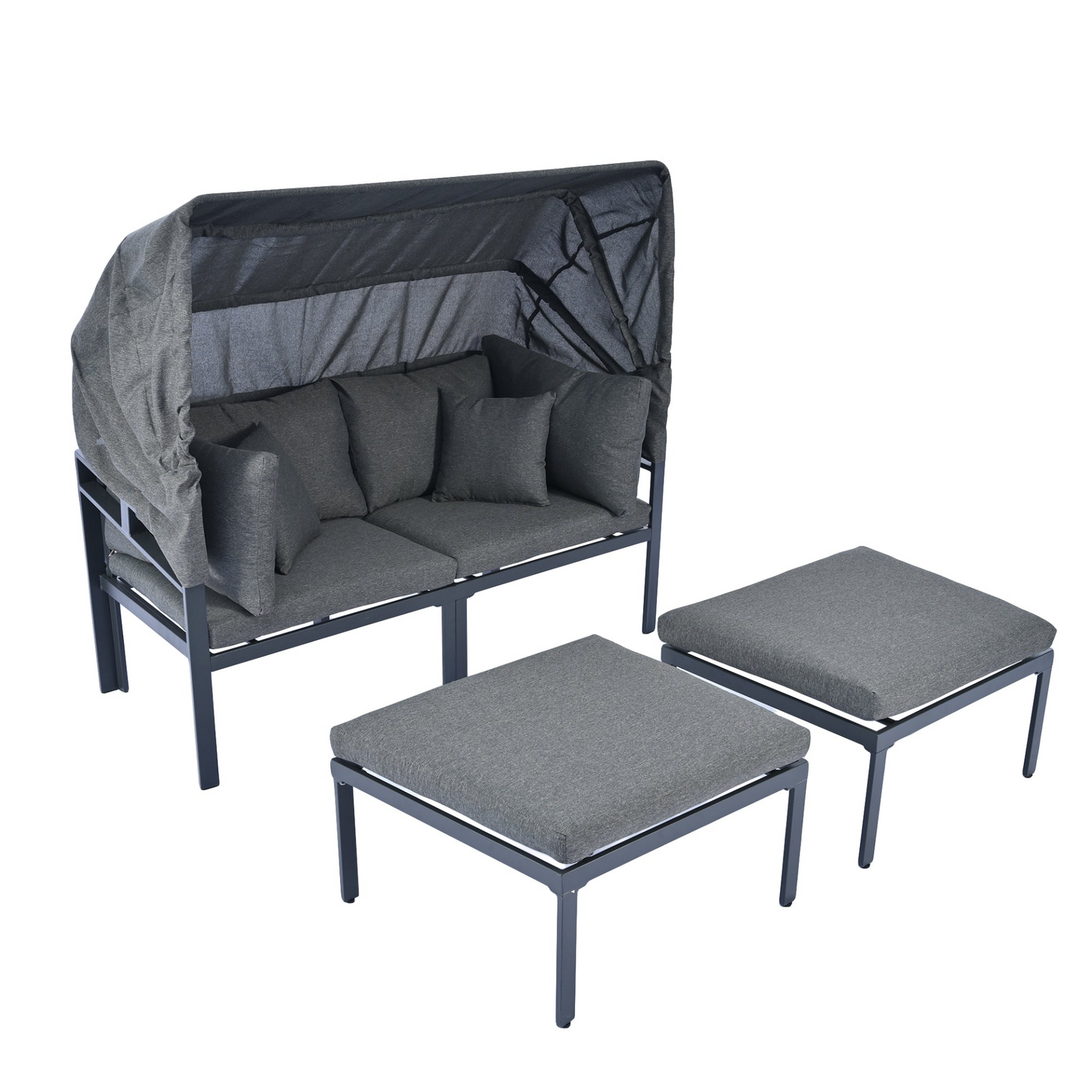 Patio Furntiure Sets | 3-Piece Patio Daybed with Retractable Canopy Outdoor Metal Sectional Sofa Set Sun Lounger with Cushions, Grey | casafoyer.myshopify.com