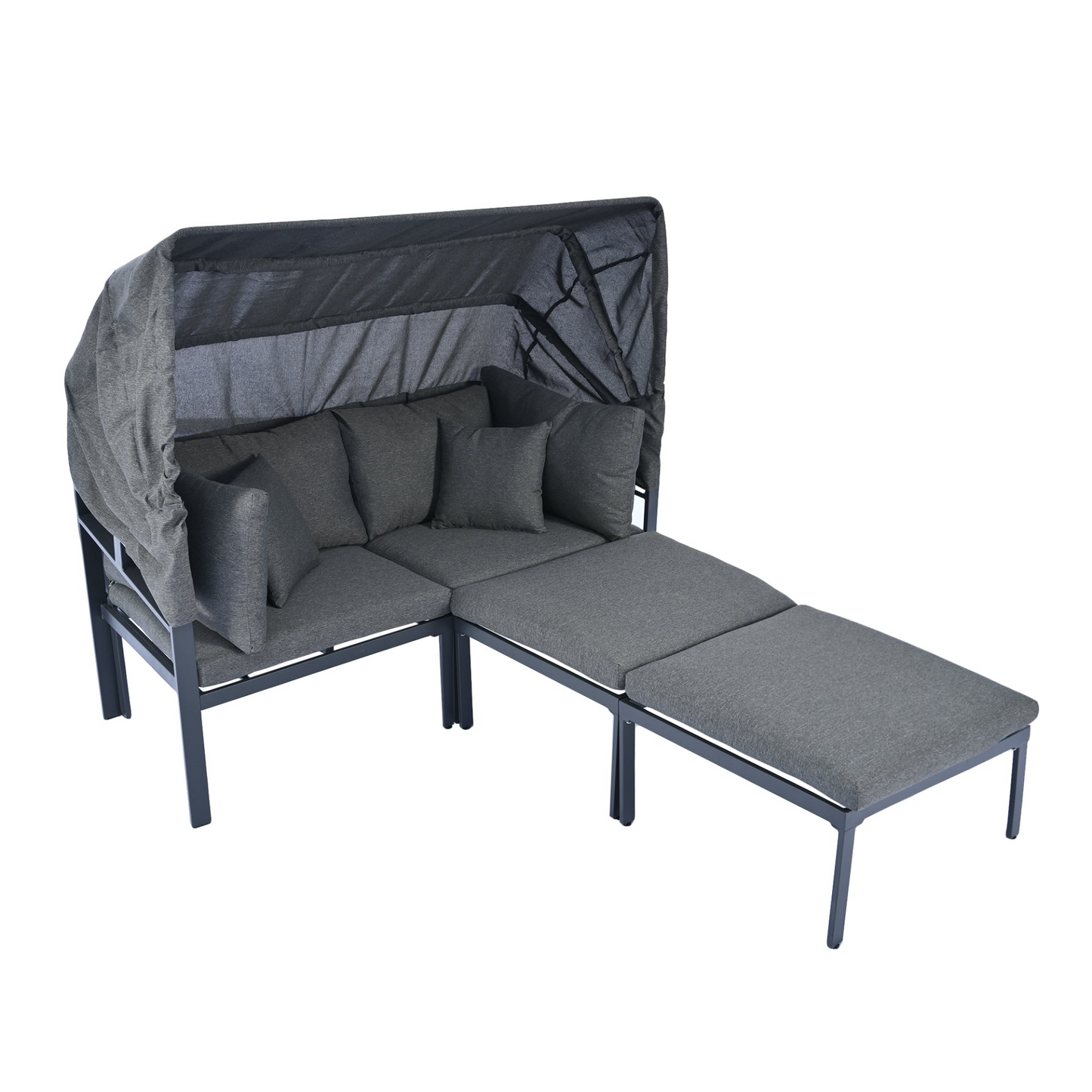 Patio Furntiure Sets | 3-Piece Patio Daybed with Retractable Canopy Outdoor Metal Sectional Sofa Set Sun Lounger with Cushions, Grey | casafoyer.myshopify.com