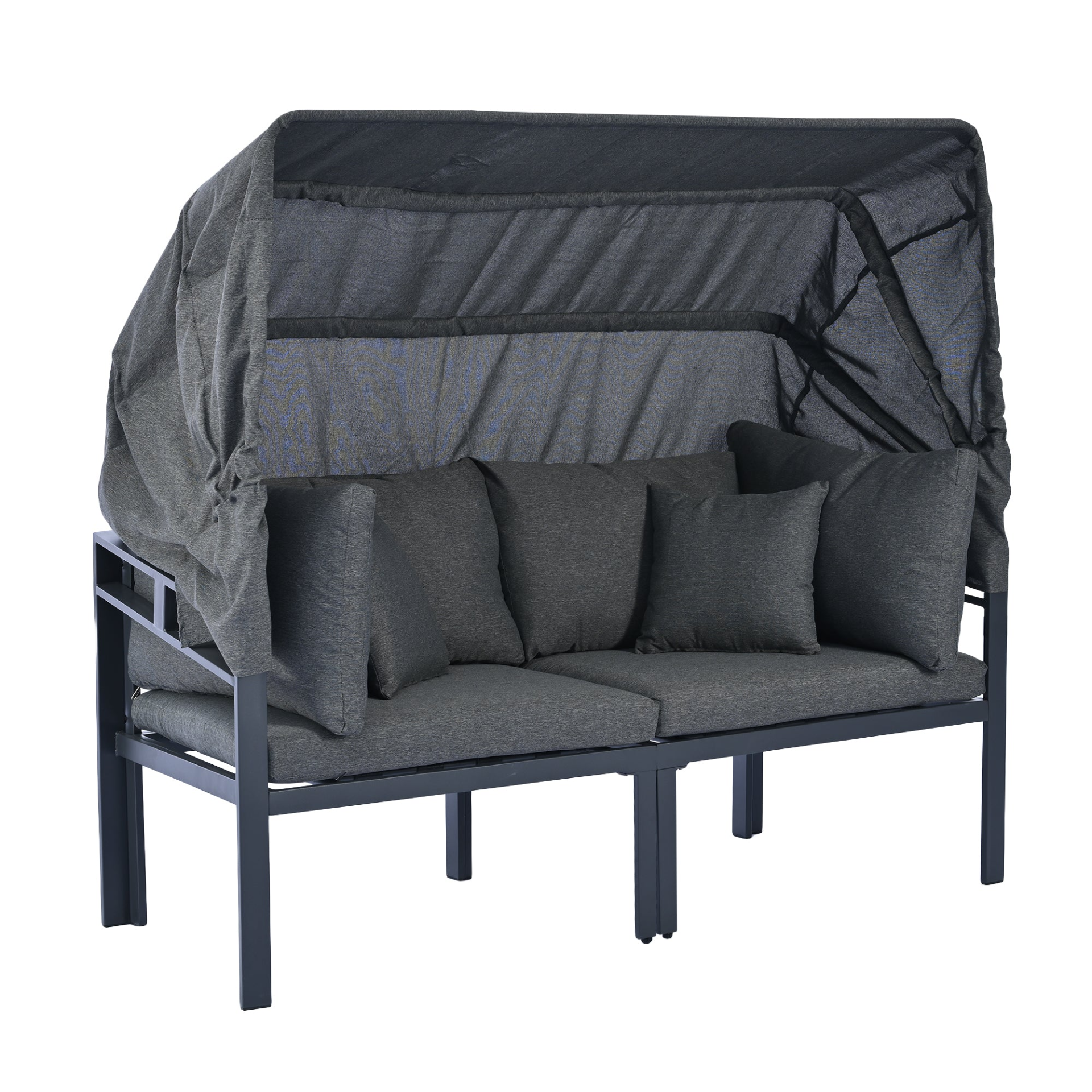 Patio Furntiure Sets | 3-Piece Patio Daybed with Retractable Canopy Outdoor Metal Sectional Sofa Set Sun Lounger with Cushions, Grey | casafoyer.myshopify.com