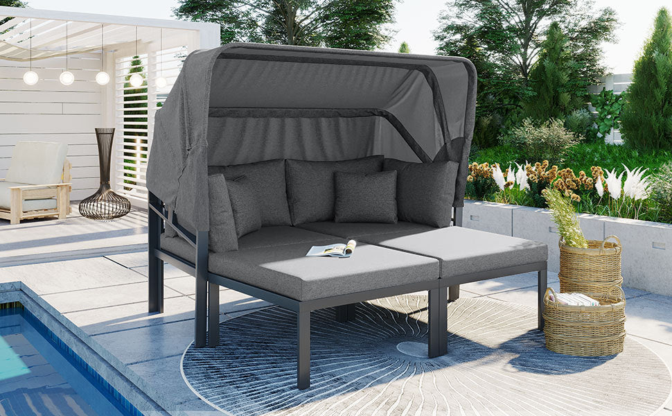 Patio Furntiure Sets | 3-Piece Patio Daybed with Retractable Canopy Outdoor Metal Sectional Sofa Set Sun Lounger with Cushions, Grey | casafoyer.myshopify.com