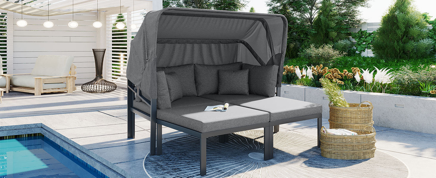 Patio Furntiure Sets | 3-Piece Patio Daybed with Retractable Canopy Outdoor Metal Sectional Sofa Set Sun Lounger with Cushions, Grey | casafoyer.myshopify.com