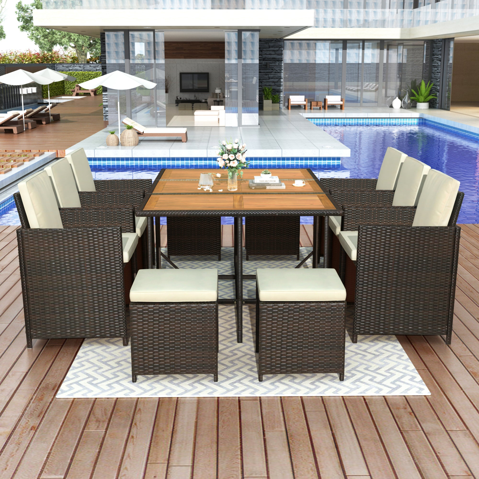 Dining Table | 11-Piece Patio All-Weather PE Wicker Dining Table Set with Wood Tabletop for 10, Brown Rattan+Beige Cushion | casafoyer.myshopify.com