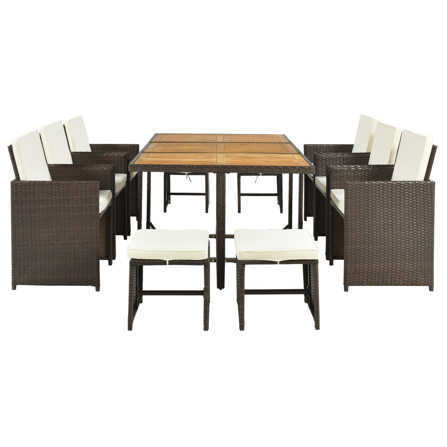 Dining Table | 11-Piece Patio All-Weather PE Wicker Dining Table Set with Wood Tabletop for 10, Brown Rattan+Beige Cushion | casafoyer.myshopify.com