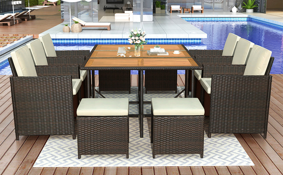 Dining Table | 11-Piece Patio All-Weather PE Wicker Dining Table Set with Wood Tabletop for 10, Brown Rattan+Beige Cushion | casafoyer.myshopify.com