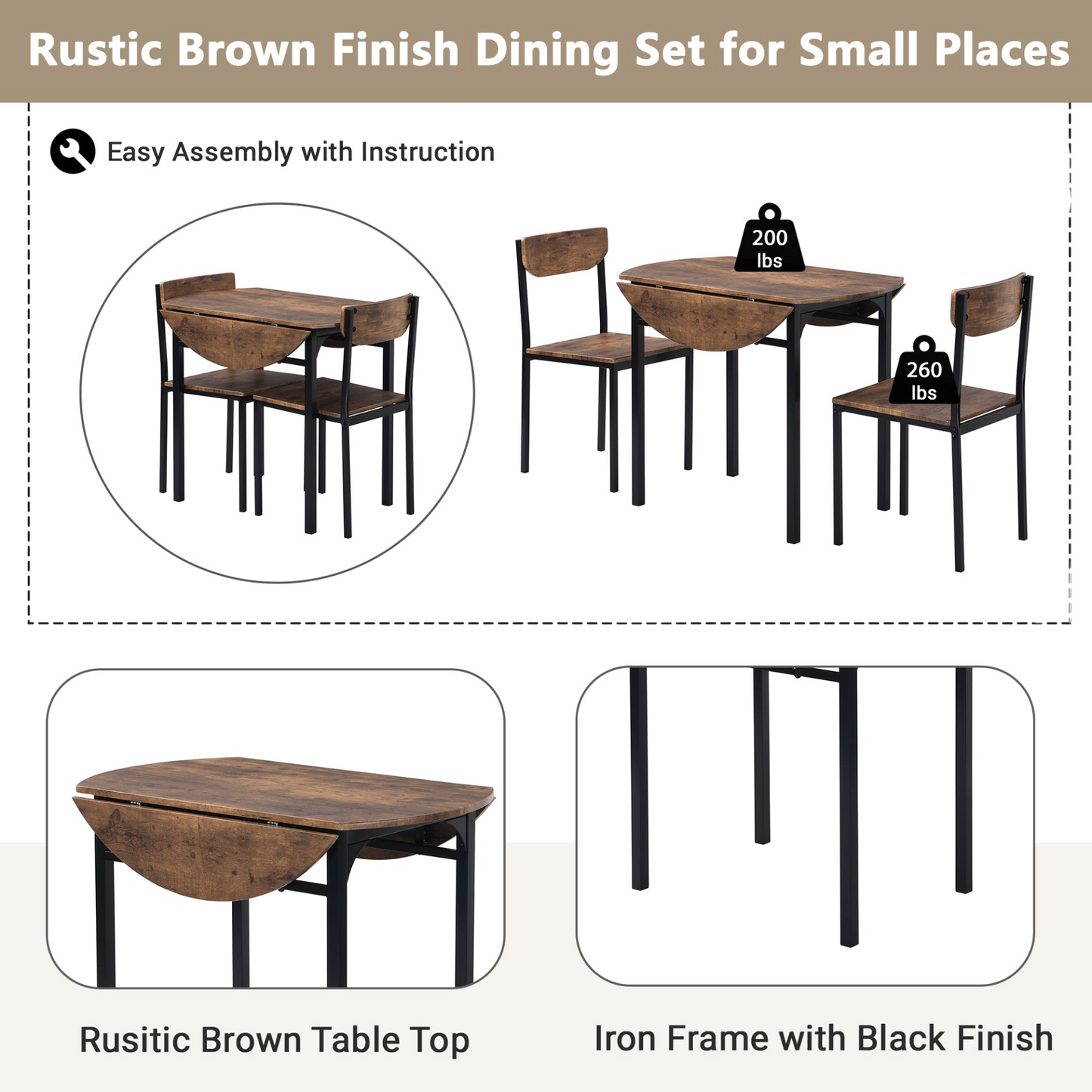 Dining Table | Modern 3-Piece Round Dining Table Set | Small Spaces | Black Frame+Rustic Brown Finish | casafoyer.myshopify.com