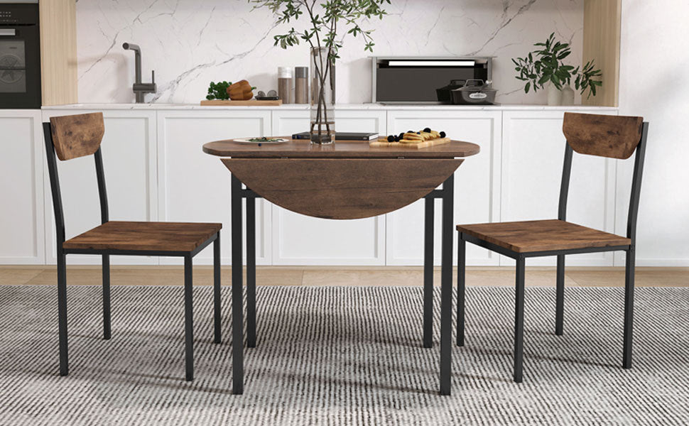 Dining Table | Modern 3-Piece Round Dining Table Set | Small Spaces | Black Frame+Rustic Brown Finish | casafoyer.myshopify.com