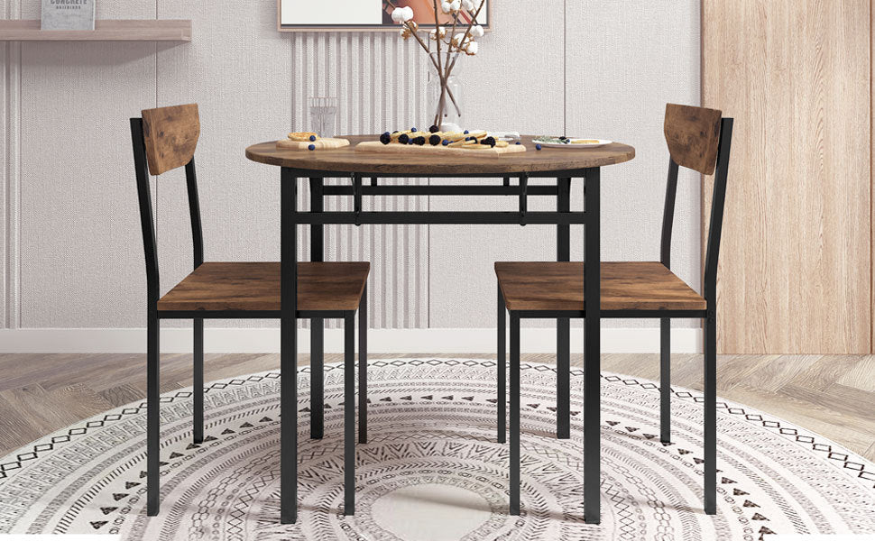 Dining Table | Modern 3-Piece Round Dining Table Set | Small Spaces | Black Frame+Rustic Brown Finish | casafoyer.myshopify.com