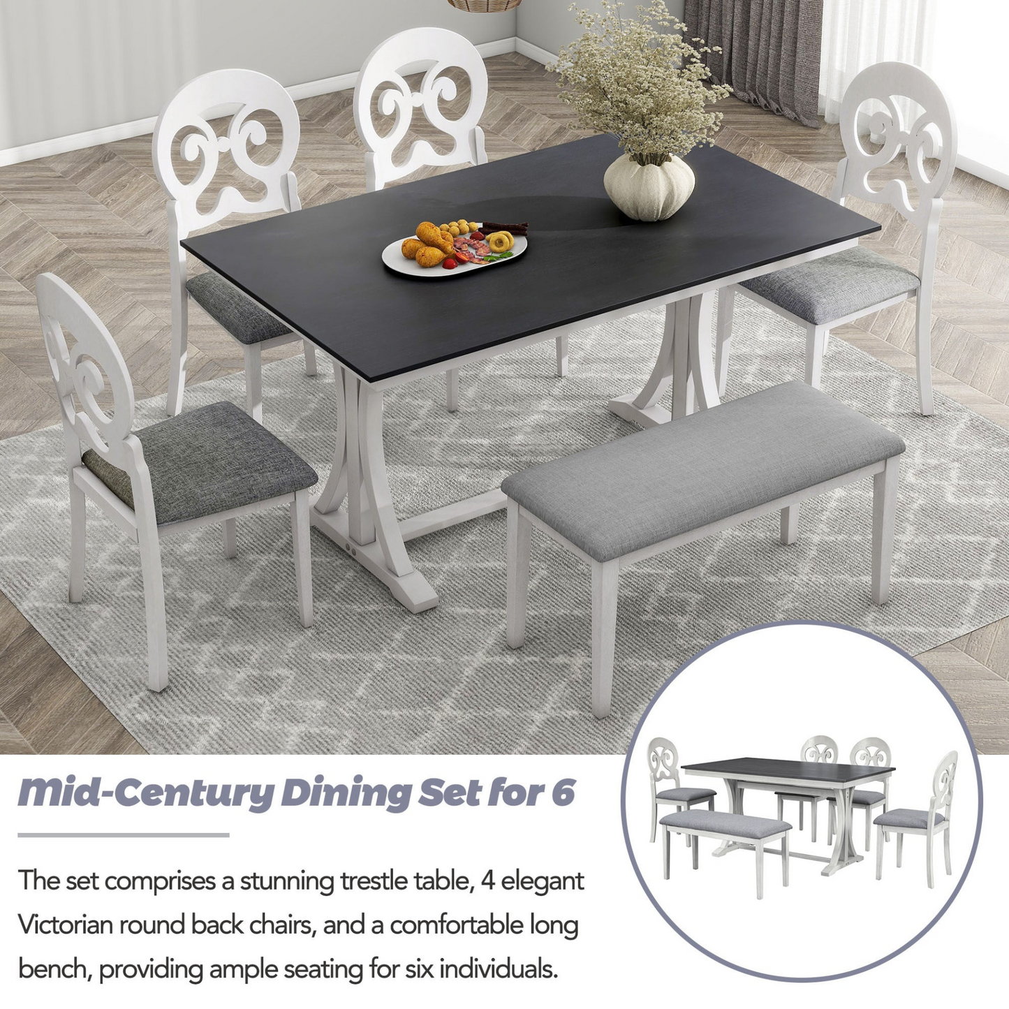 Dining Table | Mid-Century 6-Piece Trestle Table Set with Victorian Round Upholstered Dining Chairs and Long Bench, Gray+Antique White | casafoyer.myshopify.com