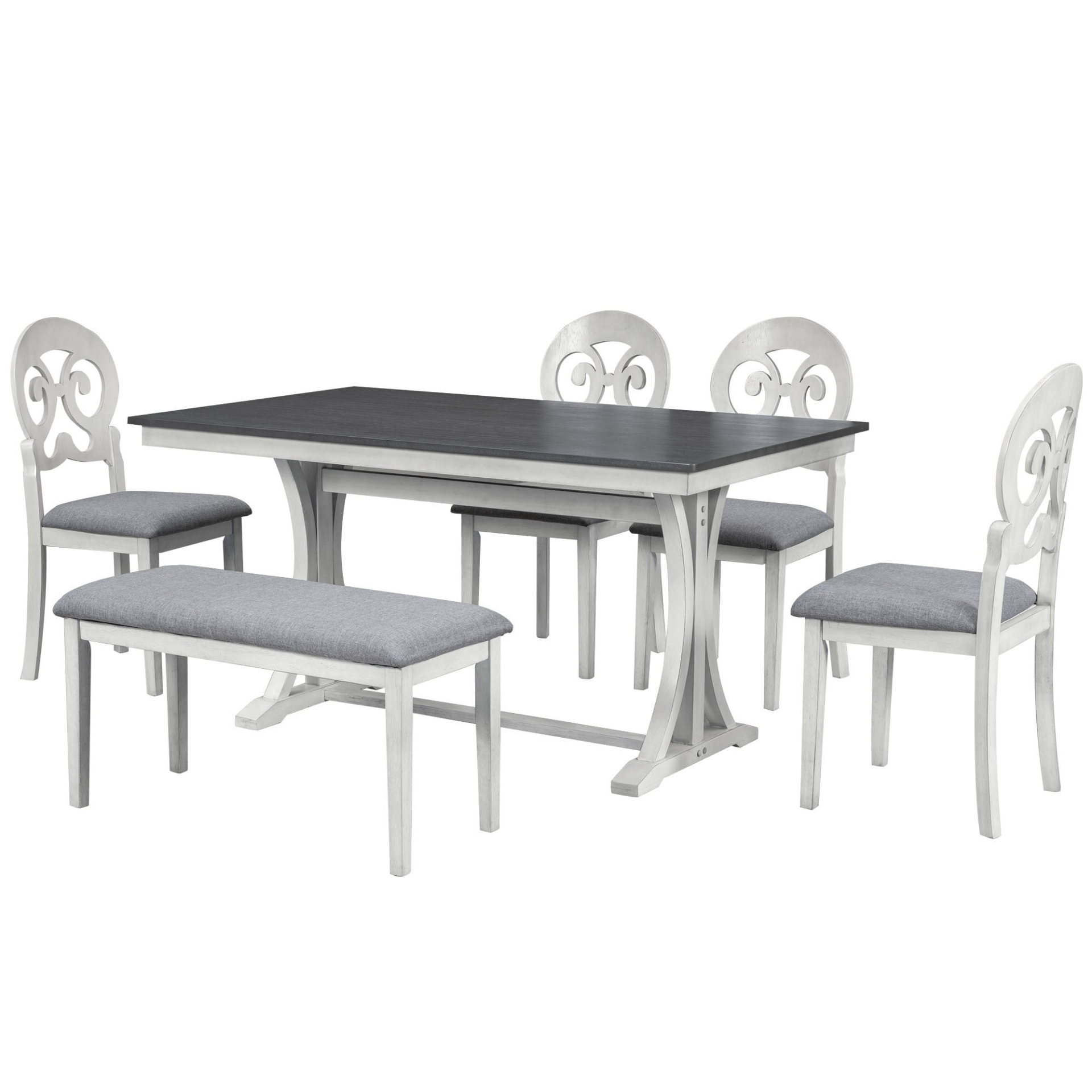 Dining Table | Mid-Century 6-Piece Trestle Table Set with Victorian Round Upholstered Dining Chairs and Long Bench, Gray+Antique White | casafoyer.myshopify.com