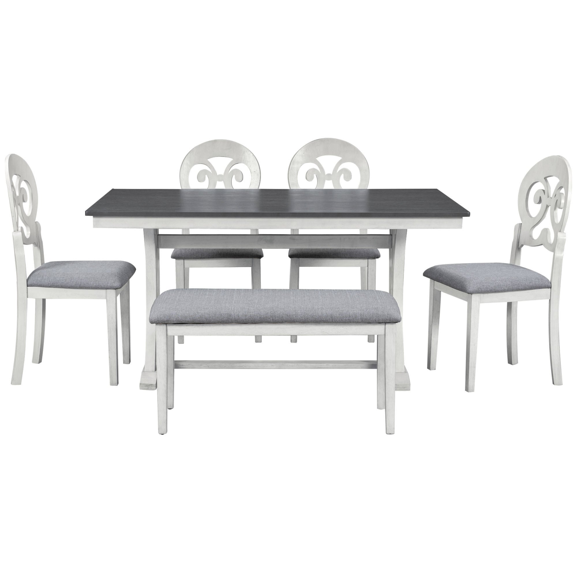 Dining Table | Mid-Century 6-Piece Trestle Table Set with Victorian Round Upholstered Dining Chairs and Long Bench, Gray+Antique White | casafoyer.myshopify.com