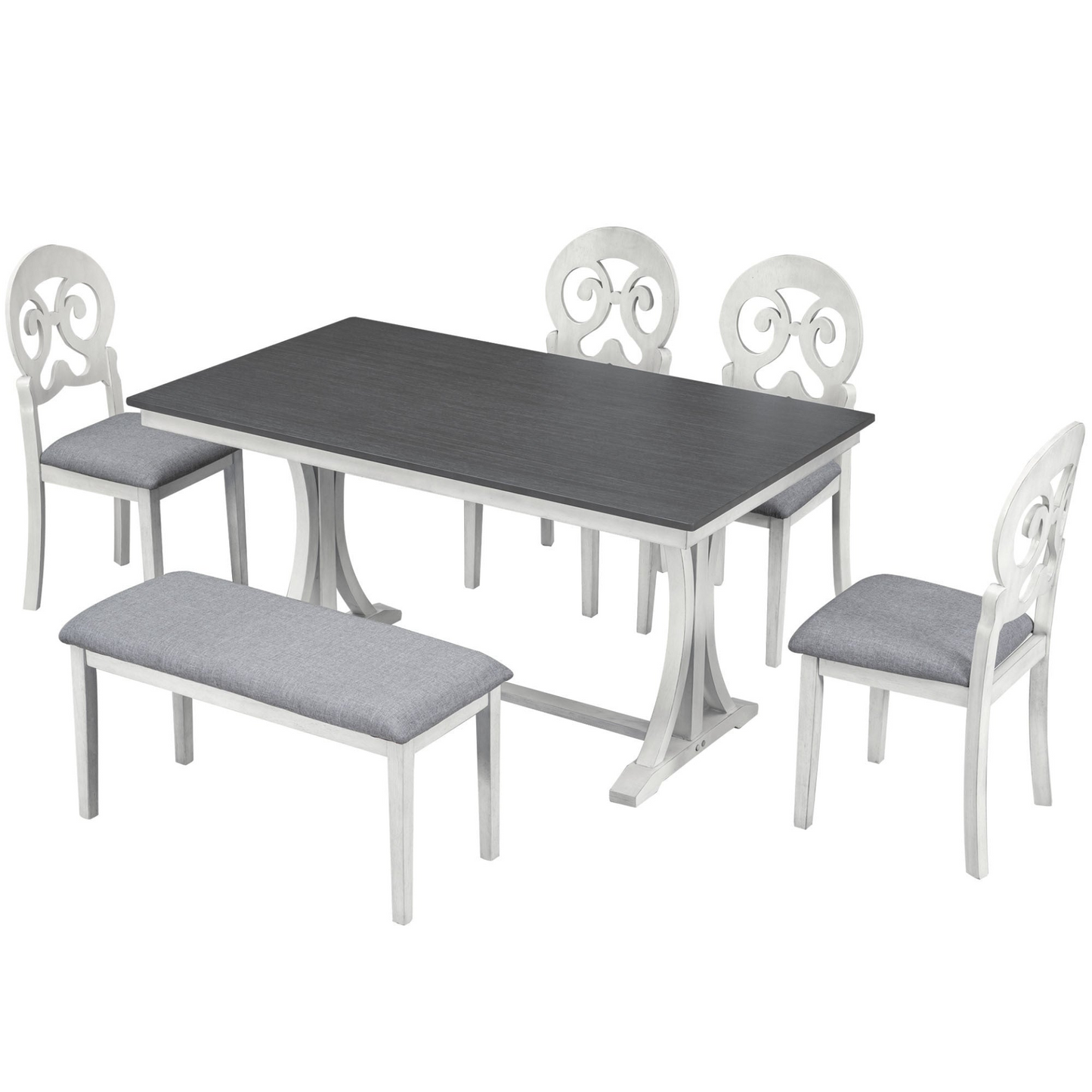 Dining Table | Mid-Century 6-Piece Trestle Table Set with Victorian Round Upholstered Dining Chairs and Long Bench, Gray+Antique White | casafoyer.myshopify.com