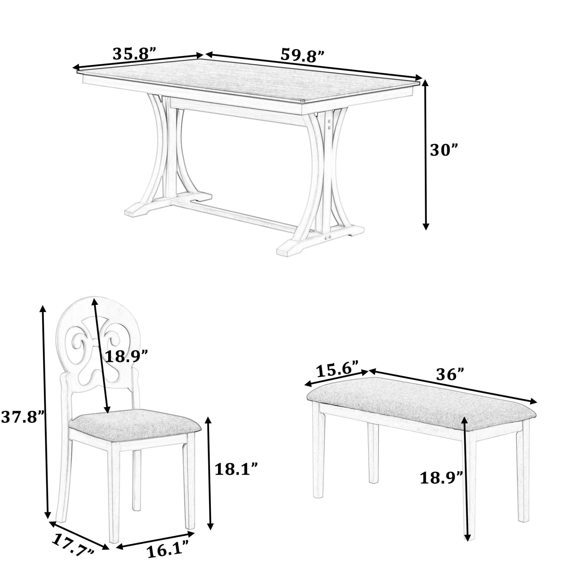 Dining Table | Mid-Century 6-Piece Trestle Table Set with Victorian Round Upholstered Dining Chairs and Long Bench, Gray+Antique White | casafoyer.myshopify.com