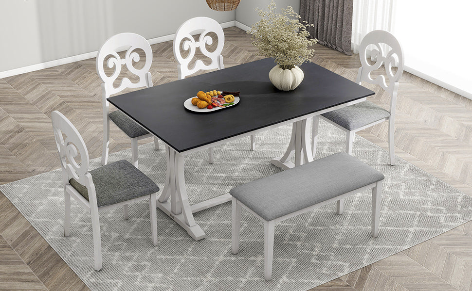 Dining Table | Mid-Century 6-Piece Trestle Table Set with Victorian Round Upholstered Dining Chairs and Long Bench, Gray+Antique White | casafoyer.myshopify.com