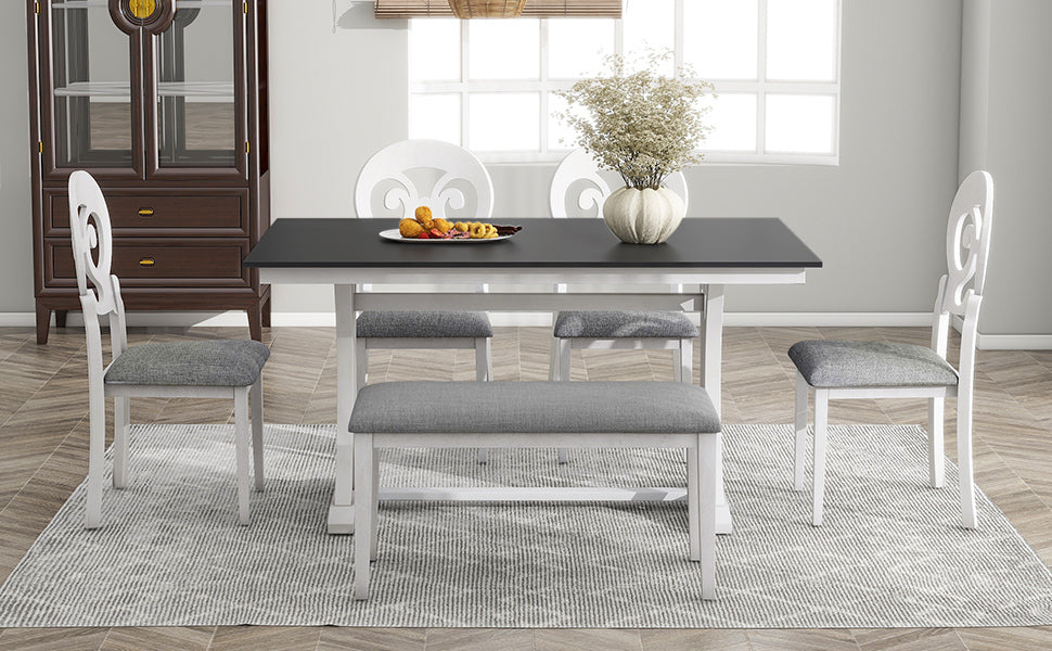 Dining Table | Mid-Century 6-Piece Trestle Table Set with Victorian Round Upholstered Dining Chairs and Long Bench, Gray+Antique White | casafoyer.myshopify.com