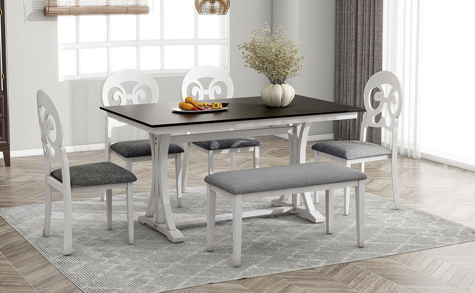 Dining Table | Mid-Century 6-Piece Trestle Table Set with Victorian Round Upholstered Dining Chairs and Long Bench, Gray+Antique White | casafoyer.myshopify.com