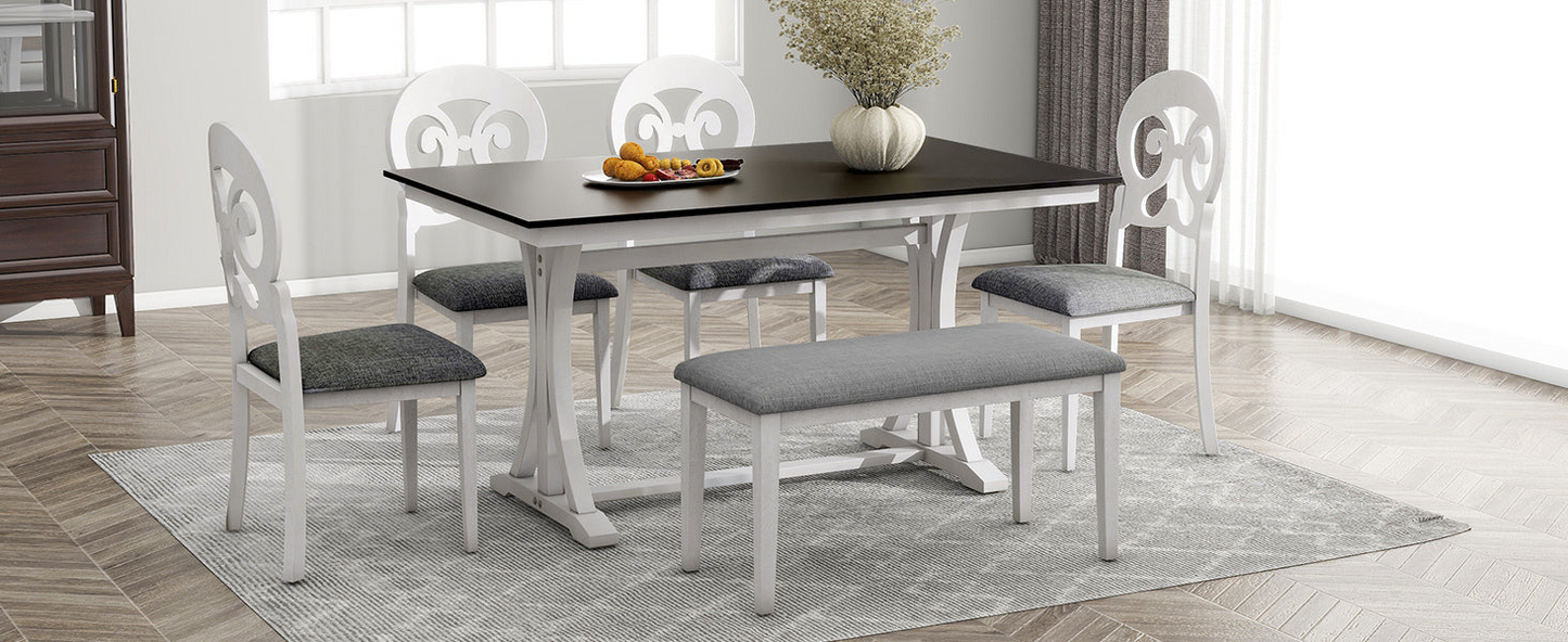 Dining Table | Mid-Century 6-Piece Trestle Table Set with Victorian Round Upholstered Dining Chairs and Long Bench, Gray+Antique White | casafoyer.myshopify.com