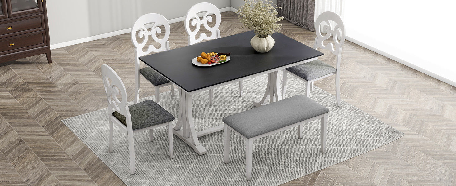 Dining Table | Mid-Century 6-Piece Trestle Table Set with Victorian Round Upholstered Dining Chairs and Long Bench, Gray+Antique White | casafoyer.myshopify.com