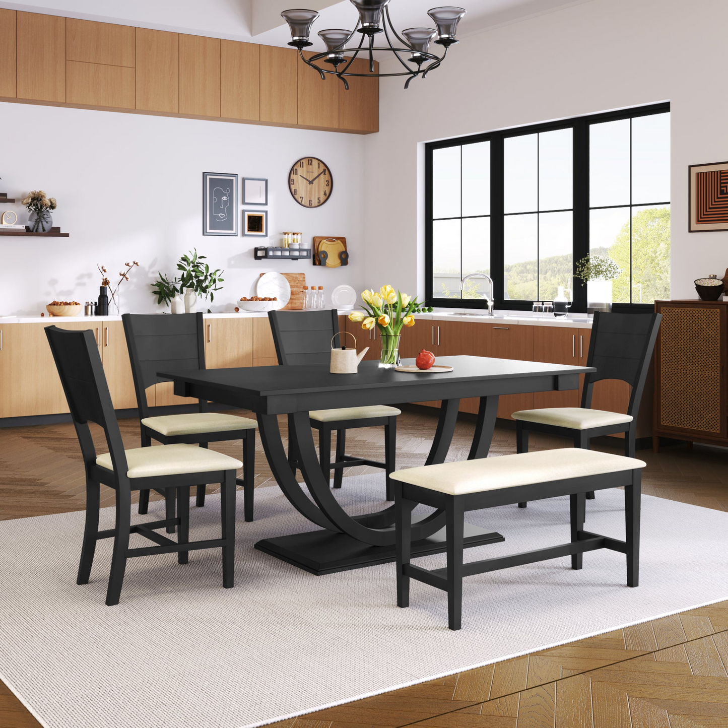 Dining Table | 6-Piece Wood Half Round Dining Table Set Kitchen Table Set with Long Bench and 4 Dining Chairs, Modern Style, Gray | casafoyer.myshopify.com