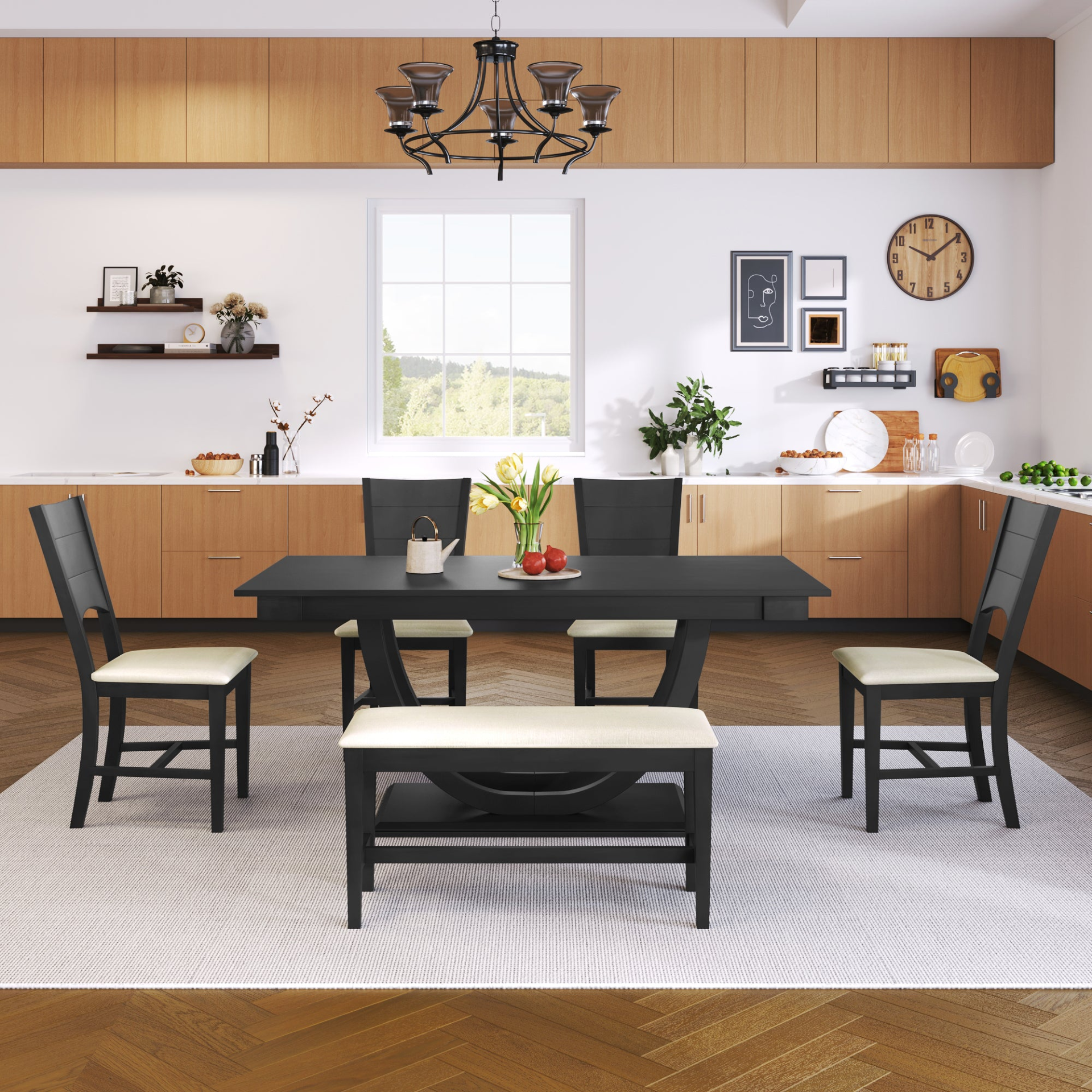 Dining Table | 6-Piece Wood Half Round Dining Table Set Kitchen Table Set with Long Bench and 4 Dining Chairs, Modern Style, Gray | casafoyer.myshopify.com