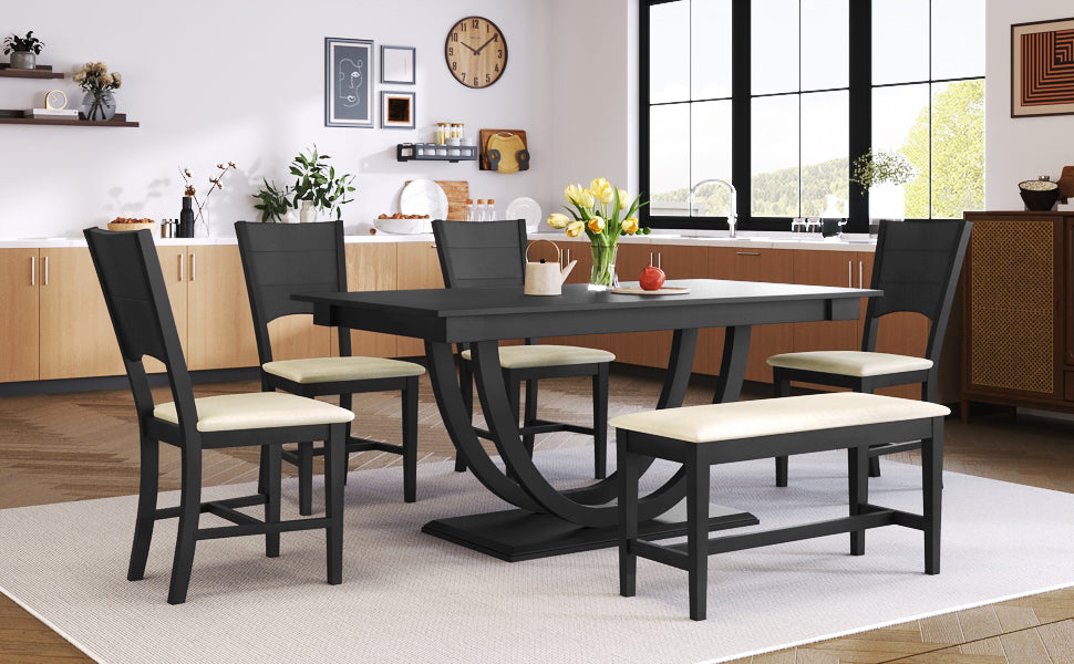 Dining Table | 6-Piece Wood Half Round Dining Table Set Kitchen Table Set with Long Bench and 4 Dining Chairs, Modern Style, Gray | casafoyer.myshopify.com