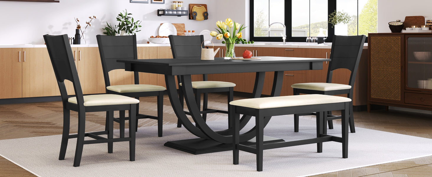 Dining Table | 6-Piece Wood Half Round Dining Table Set Kitchen Table Set with Long Bench and 4 Dining Chairs, Modern Style, Gray | casafoyer.myshopify.com