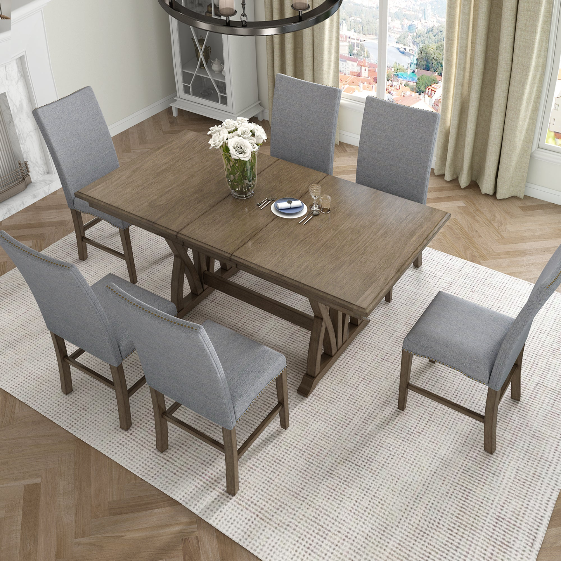 Dining Table | Mid-Century Solid Wood 7-Piece Dining Table Set Extendable Kitchen Table Set with Upholstered Chairs and 12inch Leaf for 6, Golden Brown+Gray Cushion | casafoyer.myshopify.com