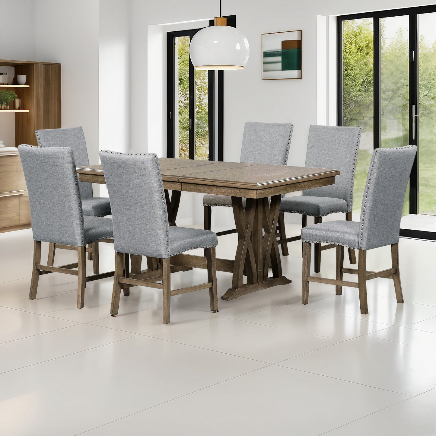 Dining Table | Mid-Century Solid Wood 7-Piece Dining Table Set Extendable Kitchen Table Set with Upholstered Chairs and 12inch Leaf for 6, Golden Brown+Gray Cushion | casafoyer.myshopify.com